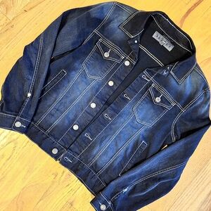 Mens Distressed Black Denim Jacket. Fits like Large.
